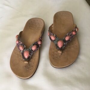 Vionic Brown Footbed Sandals with Pink Gemstone Accents